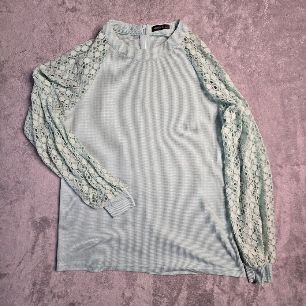 Cottagecore‎ Boho Top Size Large Mint Green Waffle Knit Eyelet Romantic Lace